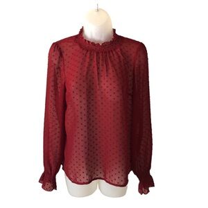 SHIRT - Women's Modcloth Burgundy Swiss Dot "Hearts" Sheer Mock Neck Blouse. XS